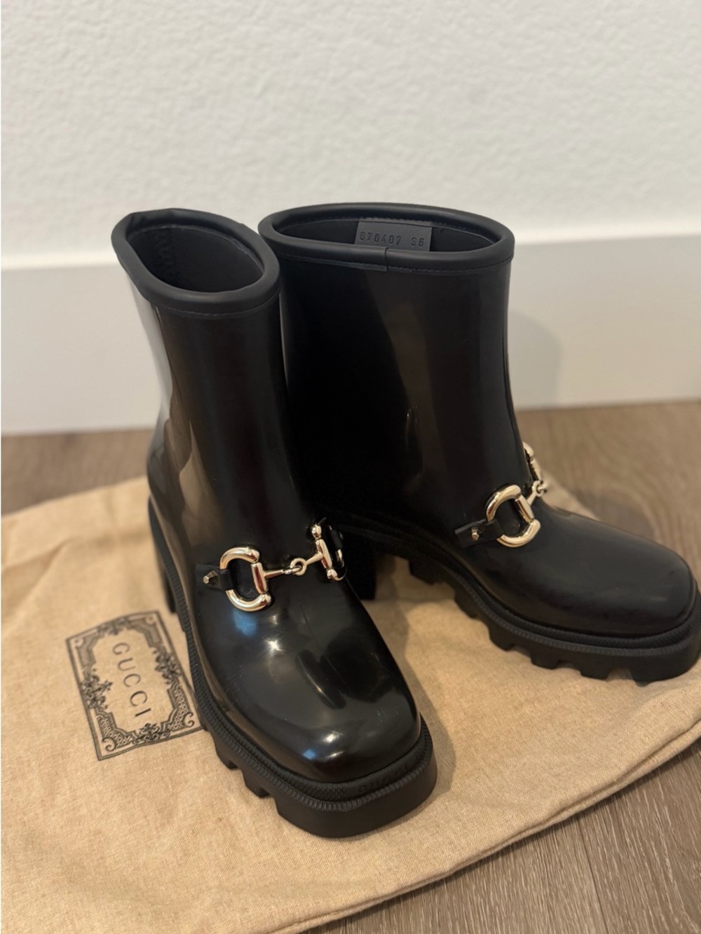 Gucci Black Glossy Rubber Horsebit Chunky Ankle Boots